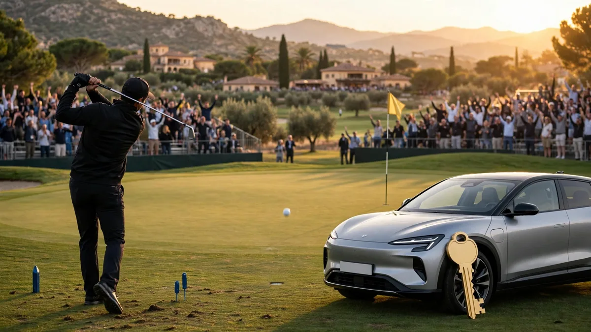 A generic professional golfer in plain dark clothing finishing an iron swing on a sunlit Spanish par-3 tee while a silver electric SUV prize car sits beside the green and anonymous spectators in a grandstand cheer, editorial graphic