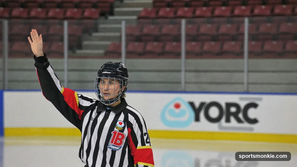 Diagram of an ice hockey referee demonstrating arm signals for common penalties like hooking, tripping, and slashing