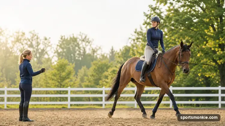 Adult beginner rider on a lesson horse in an outdoor arena with an instructor