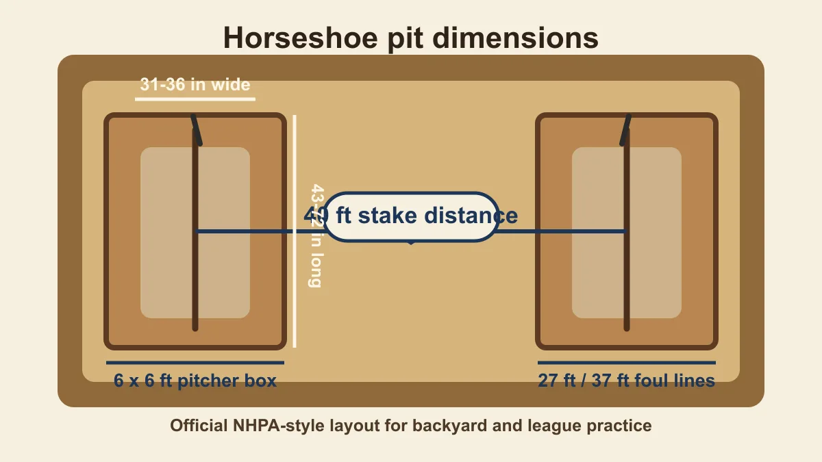 Horseshoe pit dimensions diagram with 40-foot stake distance, pit size, stake lean and foul lines
