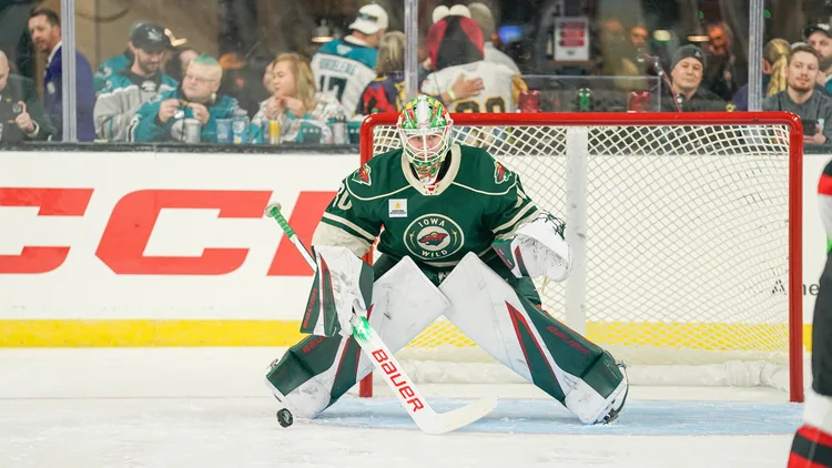 File photo from February 4, 2024: Minnesota Wild goaltender Jesper Wallstedt in his Iowa Wild AHL jersey at the 2024 AHL Skills Competition. Wallstedt was in goal for Minnesota on Tuesday. It does not show Tuesday's game in Edmonton.