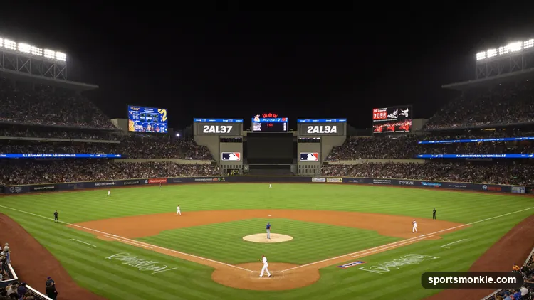 A packed MLB ballpark during a playoff game at night