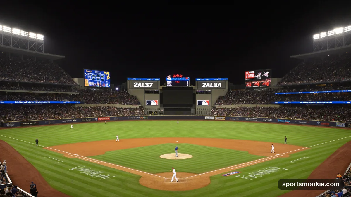A packed MLB ballpark during a playoff game at night