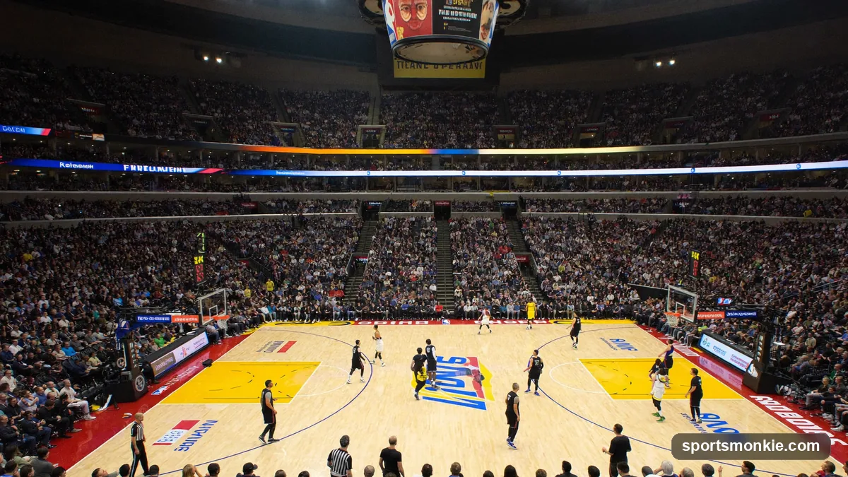 NBA playoff basketball arena packed with fans during a postseason game