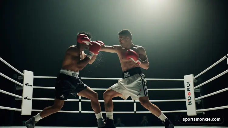 A boxing judge scoring a round at ringside as two boxers exchange punches