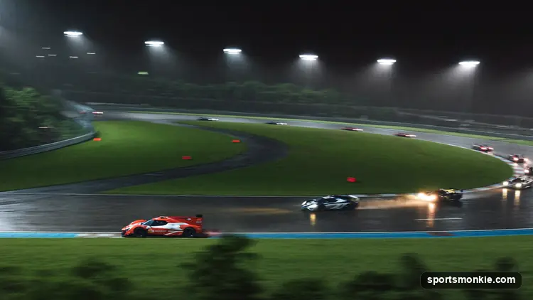 Endurance prototype race cars speeding along a floodlit straight at night during Le Mans