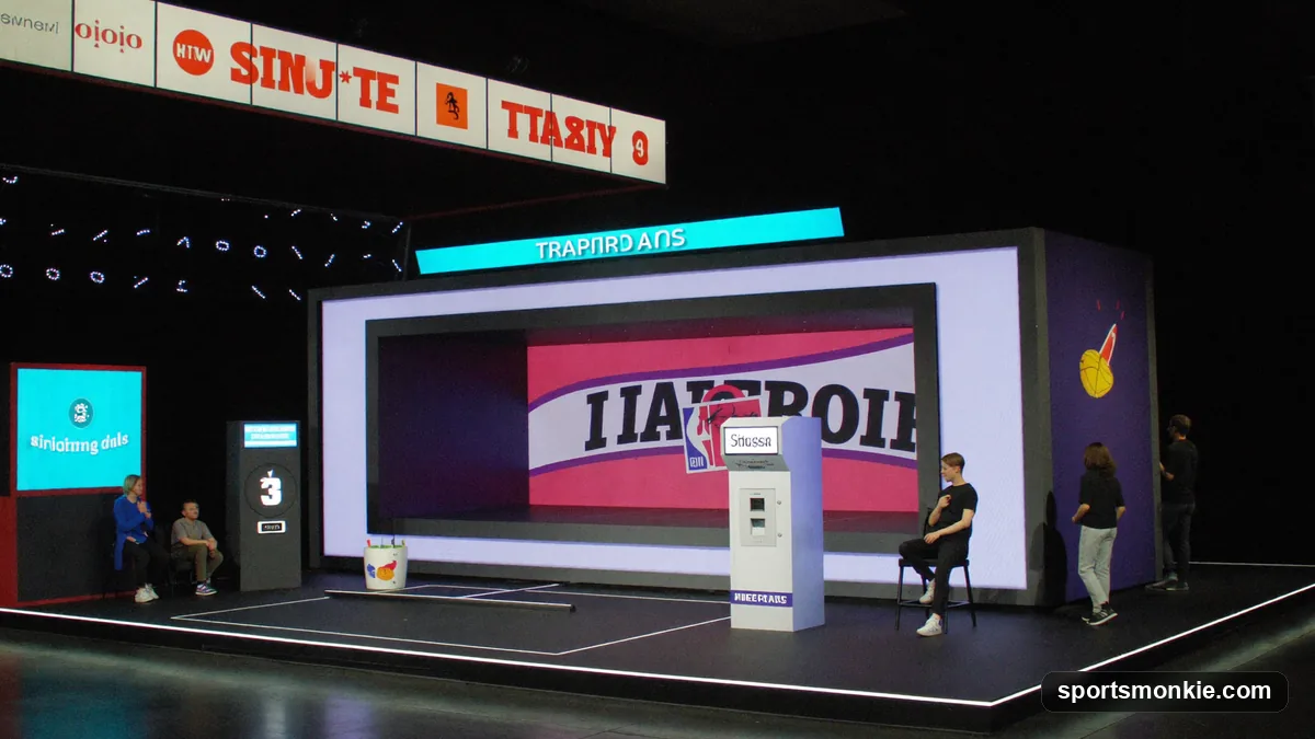 NBA draft lottery stage with team logos and lottery machine under bright lights