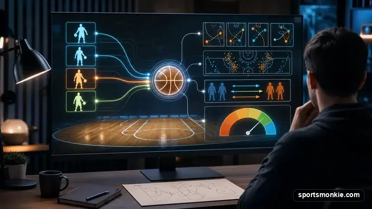 Basketball analytics dashboard graphic representing a statistical simulation engine
