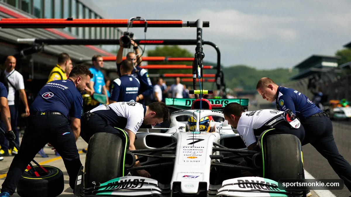 A Formula 1 pit crew of around twenty mechanics changing all four tyres on a car during a stop