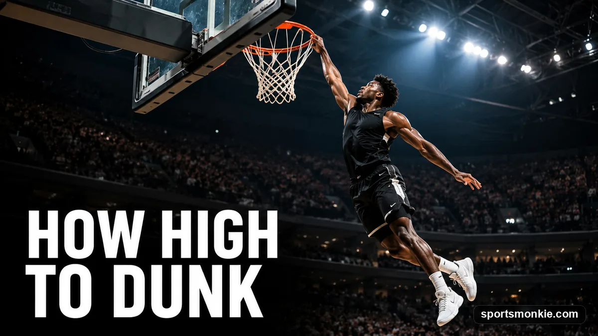 A player mid-air reaching above a 10-foot rim, showing the vertical jump needed to dunk