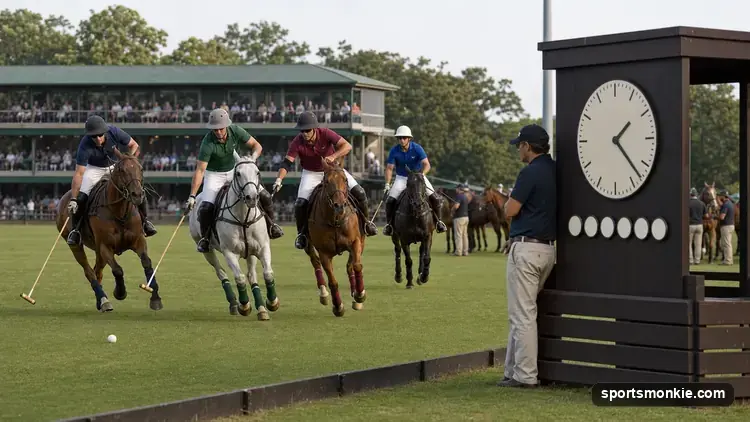 Polo players on horseback competing during a chukka, with a scoreboard showing match time