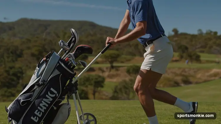A golfer walking an uphill fairway carrying a stand bag on a sunny afternoon