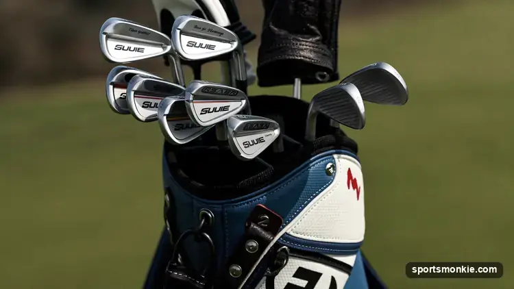 A golf bag holding a full set of 14 clubs including driver, irons, wedges and a putter