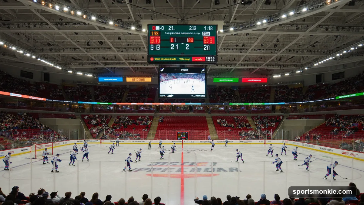 Ice hockey scoreboard showing period and time remaining above a rink during an NHL game