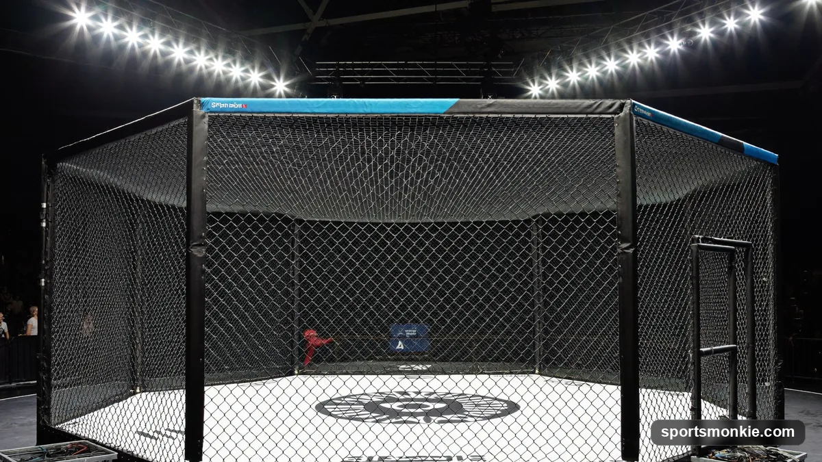 The UFC octagon lit up before a five-round main event