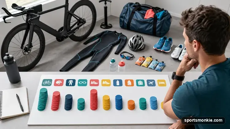 Cost breakdown chart for a full Ironman triathlon covering entry fee, gear, coaching and travel