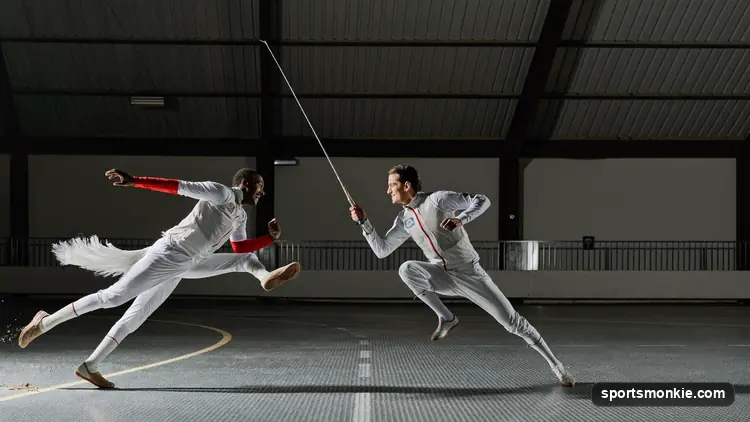 Two fencers in white gear lunge on a piste during a training bout
