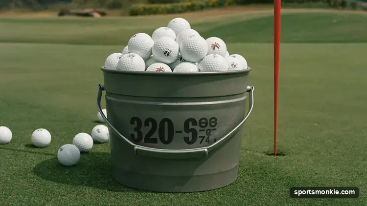 Buckets of range balls at a driving range tee line, illustrating bucket-size pricing