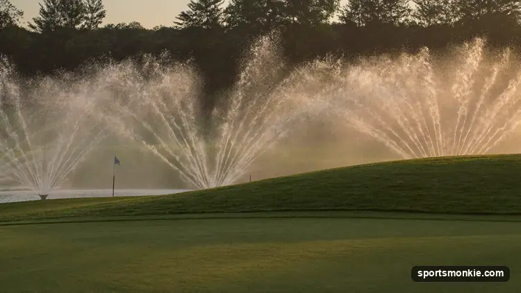 Sprinklers watering a lush green golf fairway at dawn