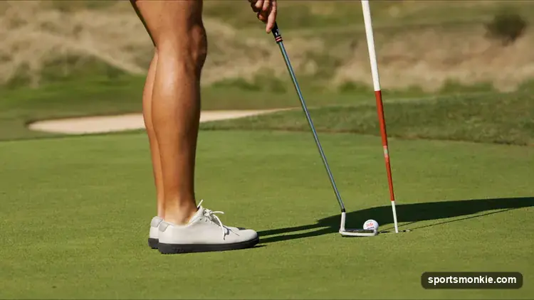 A golfer laying up short of a hazard on a par 5, playing the smart shot to break 100