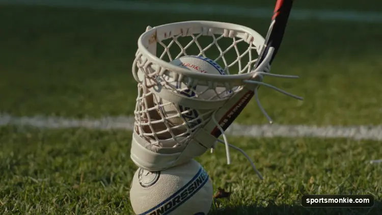 Close-up of a lacrosse head with mesh pocket being shaped by hand