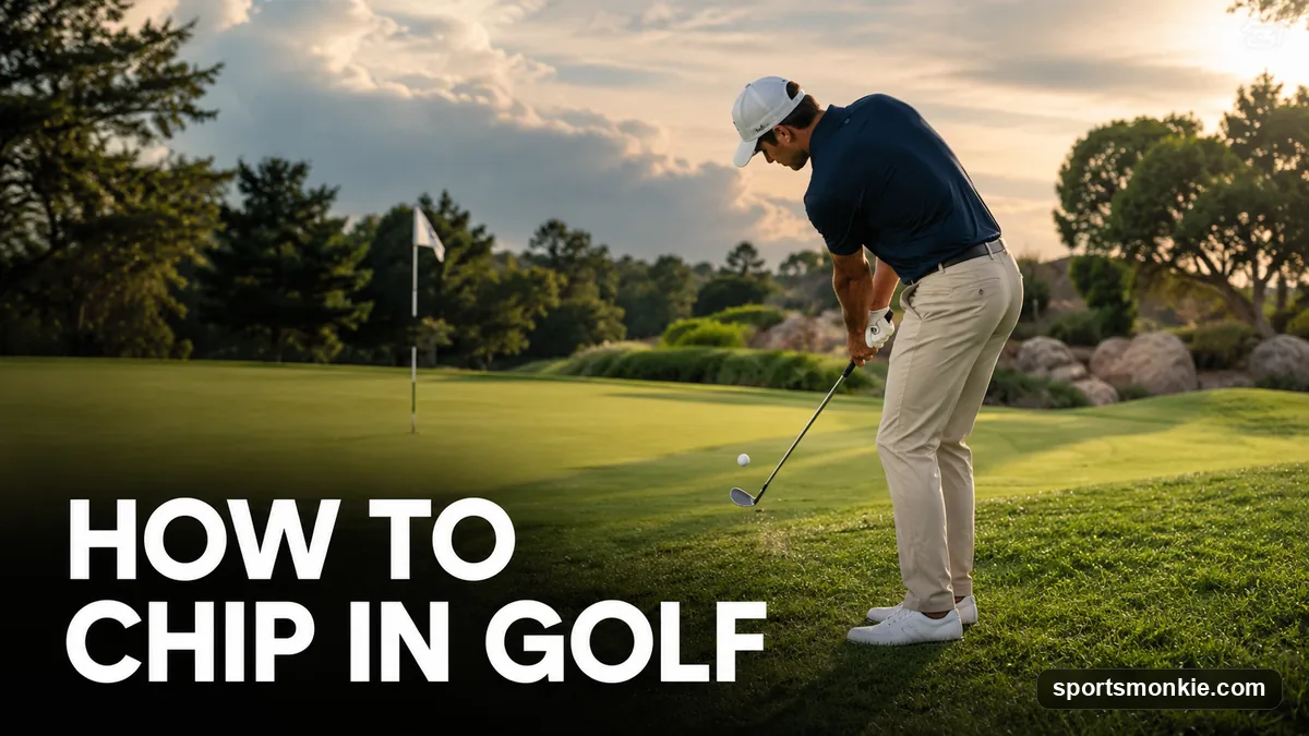 A golfer chipping onto a green with a wedge, weight forward and hands ahead of the ball