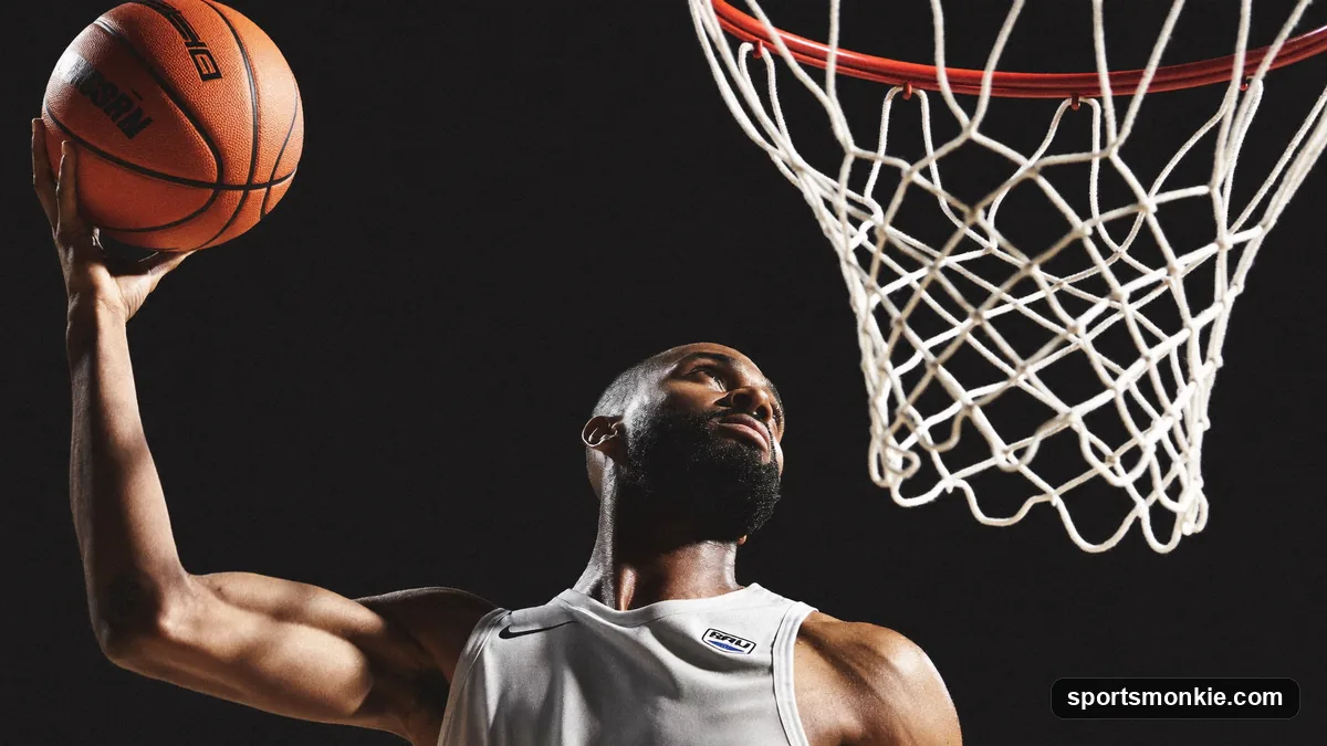 Basketball player driving to the rim and finishing a right-hand layup high off the backboard