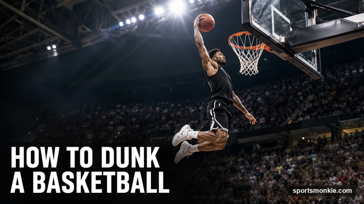 Basketball player mid-air gripping the ball above the rim during a dunk approach