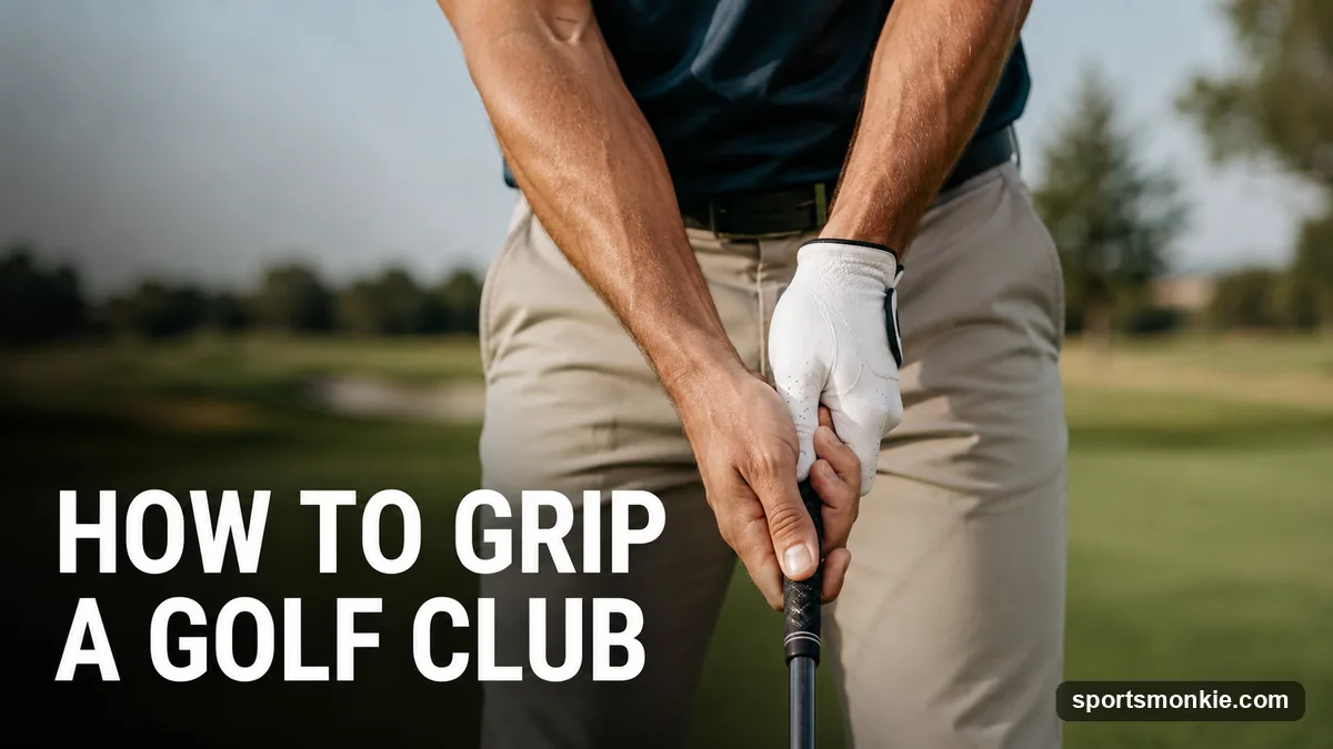 Close-up of a golfer's hands correctly gripping a golf club at address, showing overlap grip and V alignment