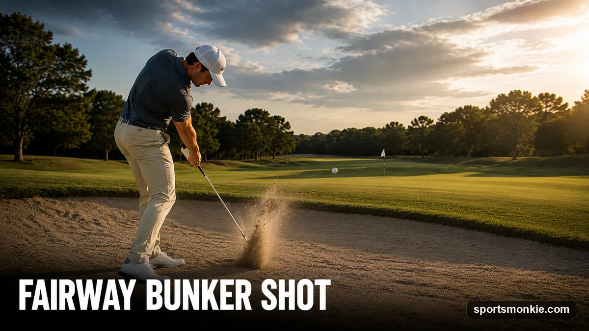 A golfer sweeping a mid-iron cleanly off the sand in a fairway bunker