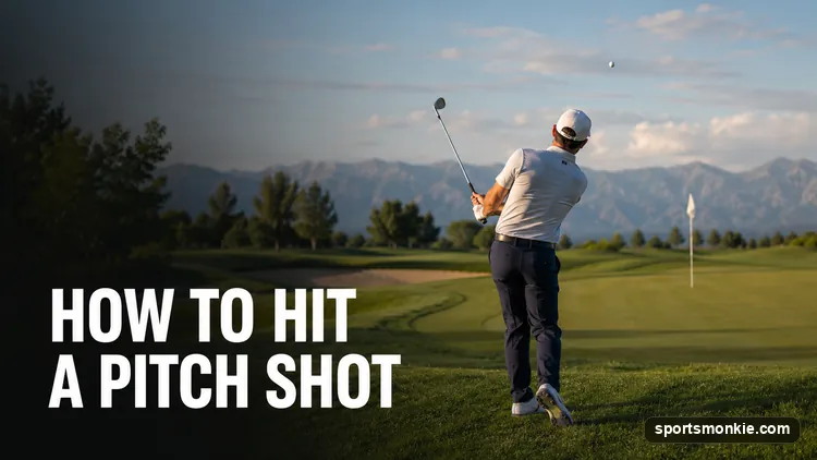 A golfer hitting a high, soft pitch shot with a lofted wedge onto the green