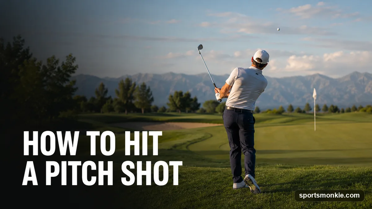 A golfer hitting a high, soft pitch shot with a lofted wedge onto the green
