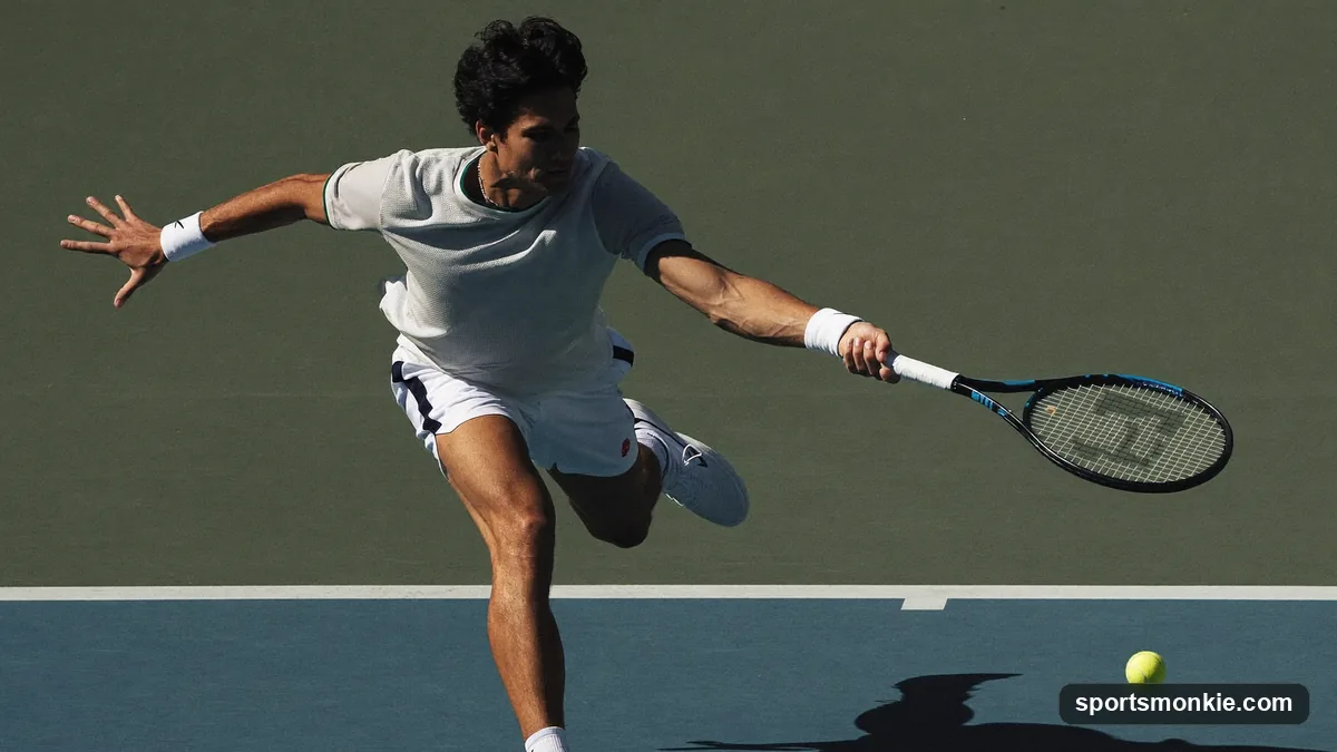 Tennis player hitting a two-handed backhand with the racket finishing over the shoulder
