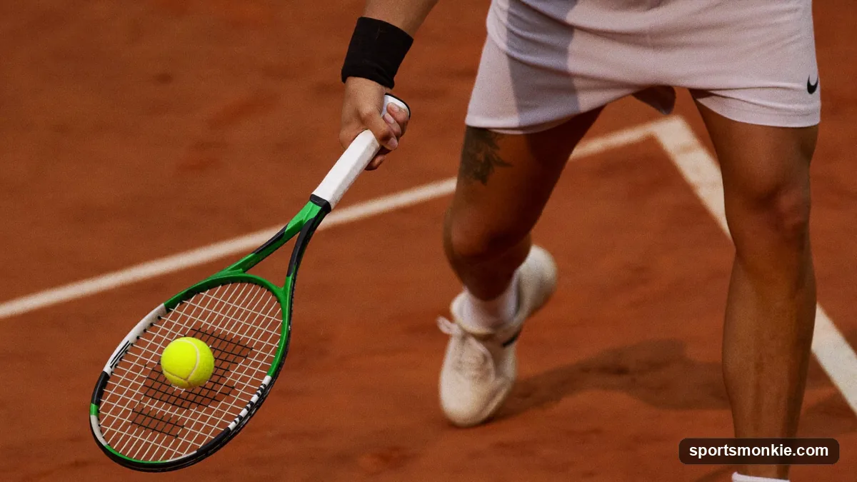 A tennis player swinging low-to-high and brushing up the back of the ball to generate topspin