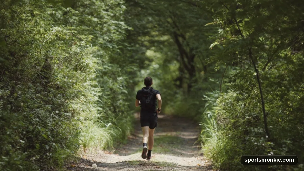 A runner on an open road maintaining an easy, steady pace to build aerobic endurance