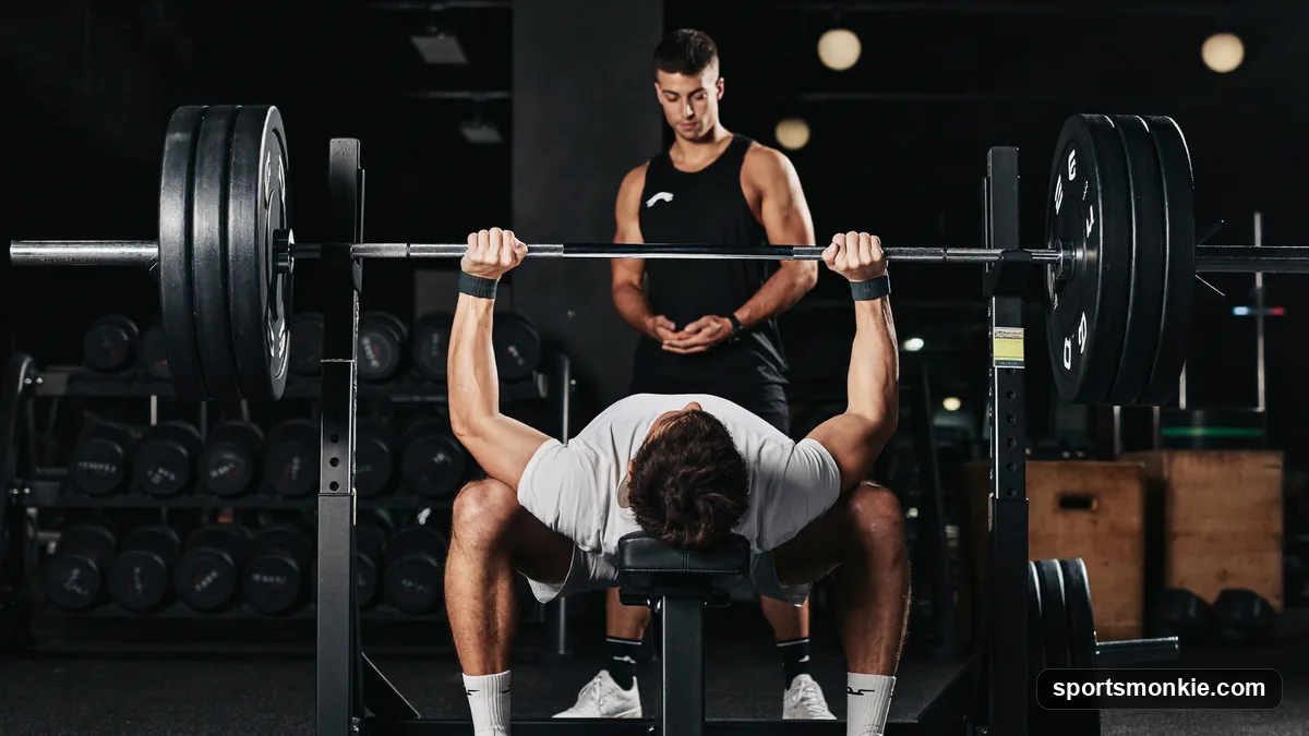 A lifter pressing a loaded barbell off the chest with a tight arch and retracted shoulder blades