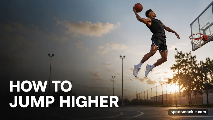 A basketball player at the peak of an explosive vertical jump reaching toward the rim