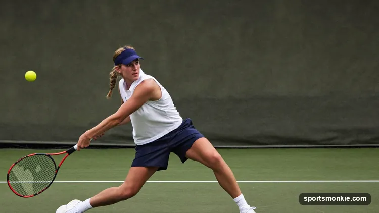 A singles pickleball player recovering to the centre of the baseline after a shot