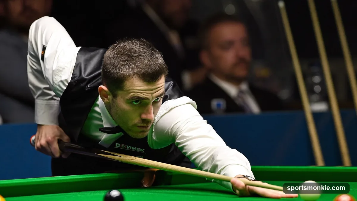A beginner lining up a break-off shot on a snooker table with reds racked