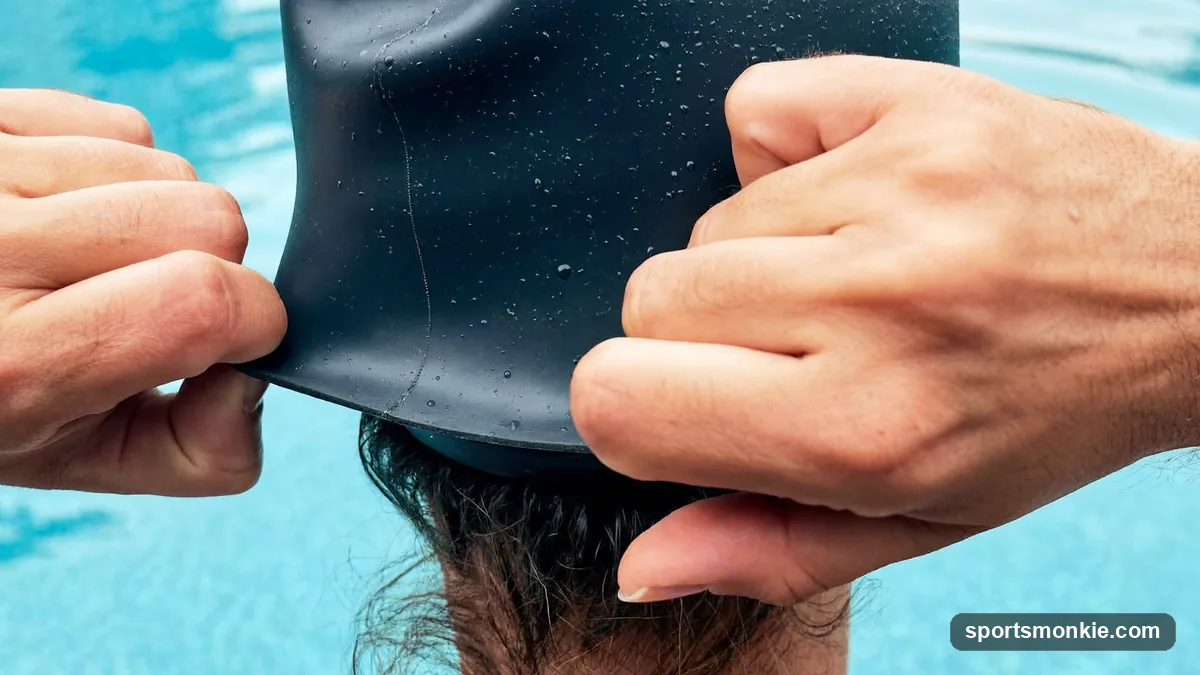 Swimmer stretching a silicone swim cap over the forehead front-to-back at the pool edge