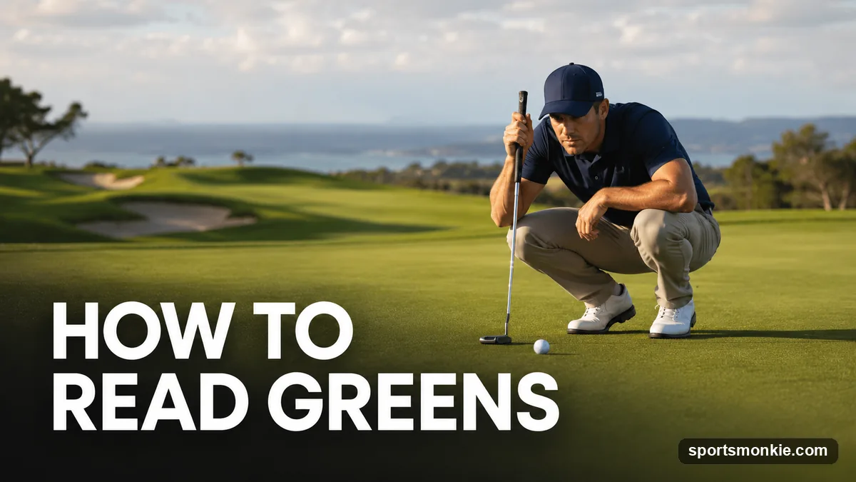 A golfer crouching behind the ball reading the slope and break of a putt on the green