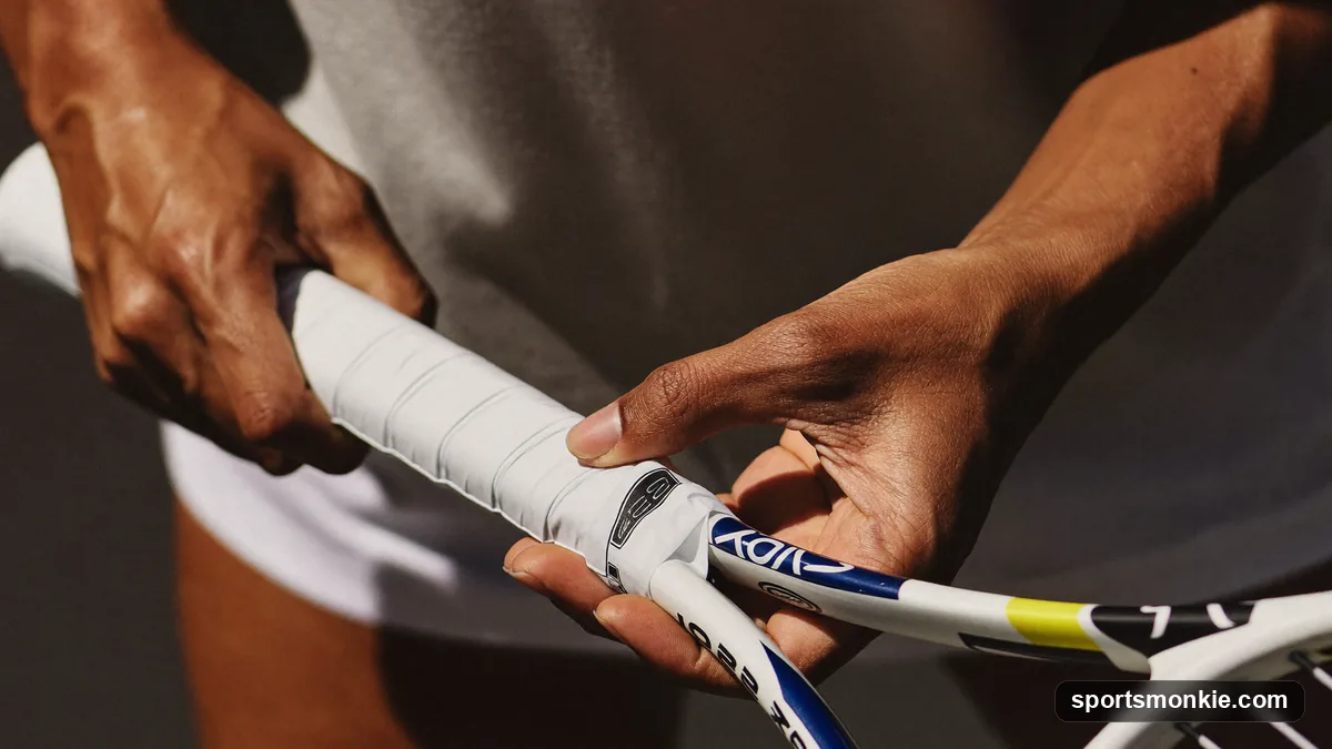 A player wrapping a fresh white overgrip up the handle of a tennis racket from the butt cap