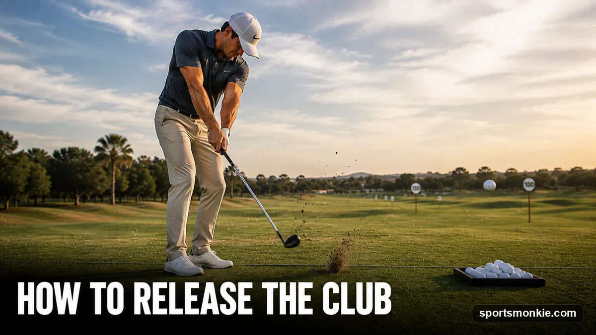 A golfer releasing the golf club through impact with the forearms rotating and clubhead squaring to the ball