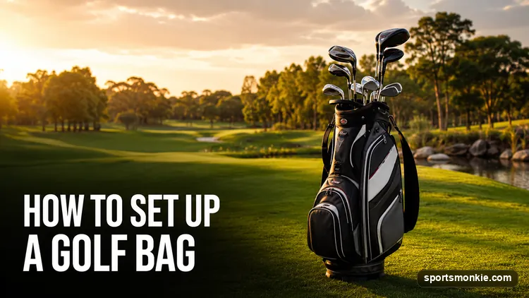 A golf bag organized with woods in the top row, irons in the middle, and wedges and putter at the bottom