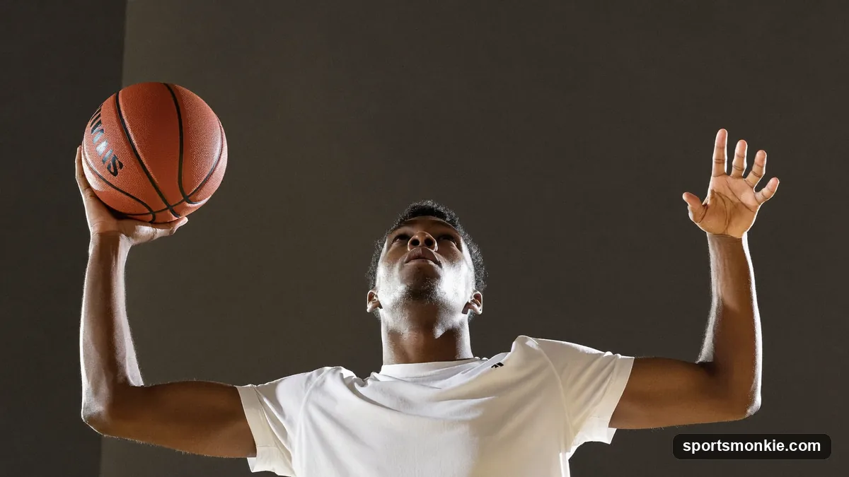 Player releasing a jump shot with elbow aligned under the ball and wrist snapped in follow-through