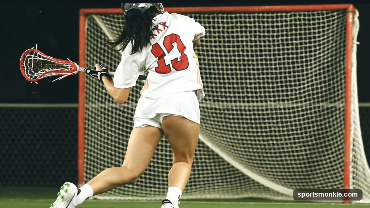 A lacrosse player rotating the hips and shoulders to generate a fast shot