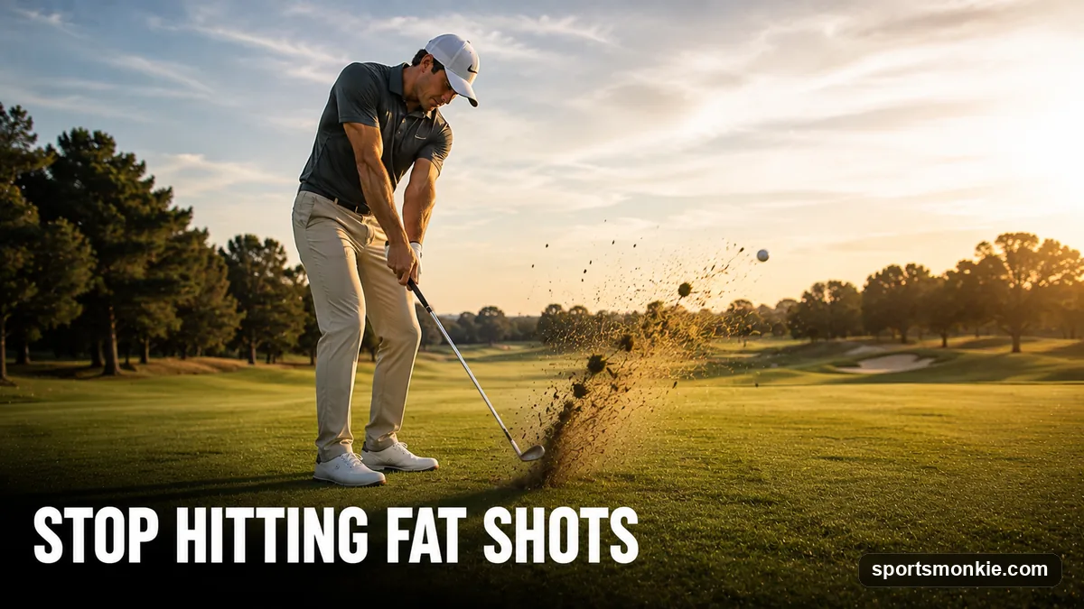 A golfer taking a clean divot in front of the ball to avoid a fat shot