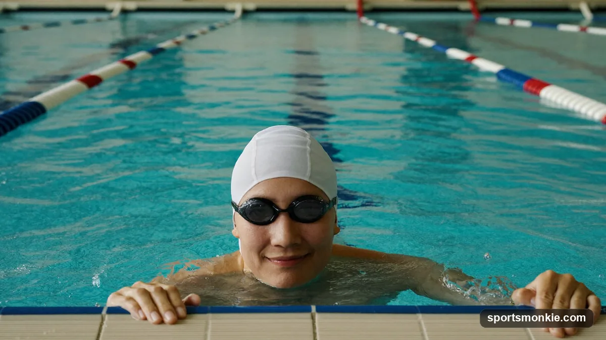 A beginner adult swimmer blowing bubbles with their face in shallow pool water while holding the wall