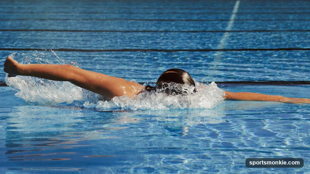 Swimmer demonstrating a streamlined freestyle body position at the surface of a clear pool