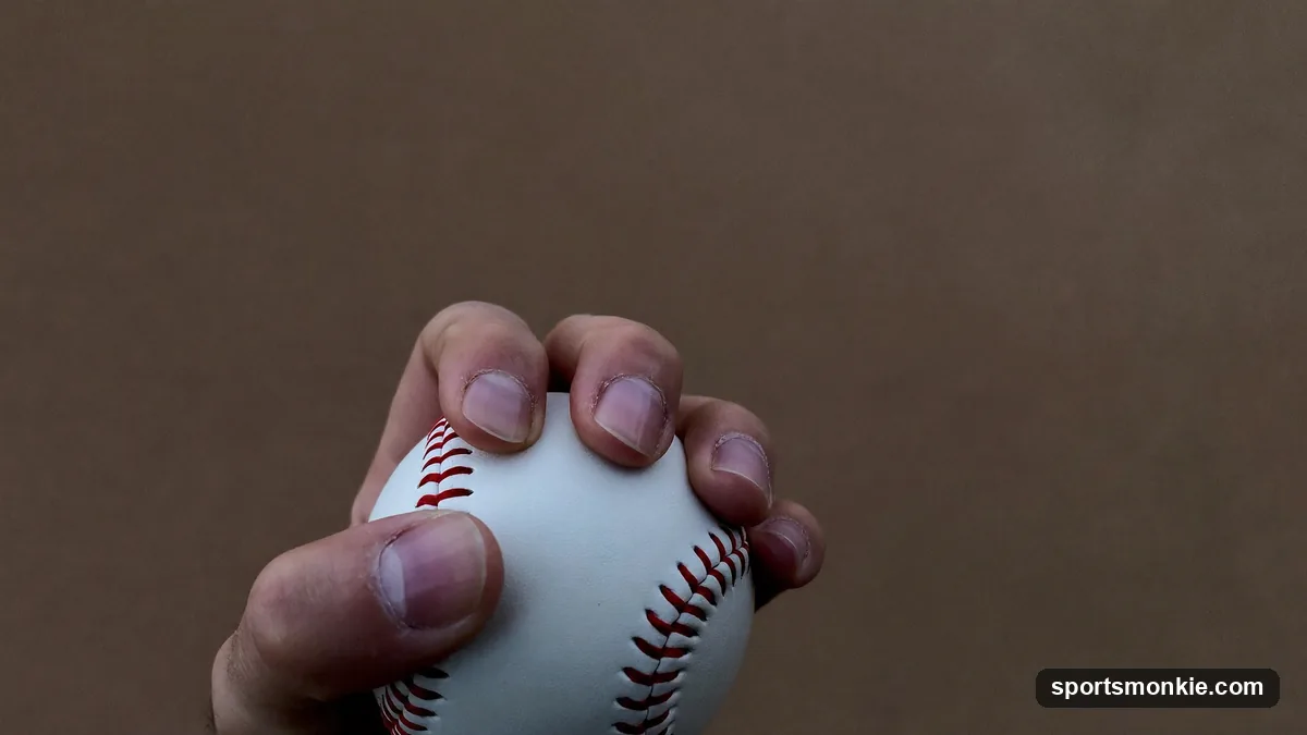 Close-up of a pitcher's hand gripping a baseball for a curveball